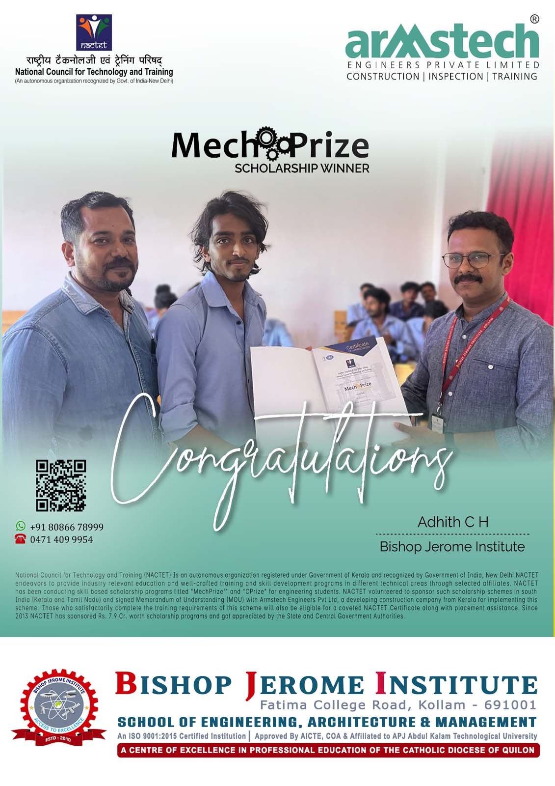 BJI Student Adhith C H Wins Prestigious CPrize Scholarship
