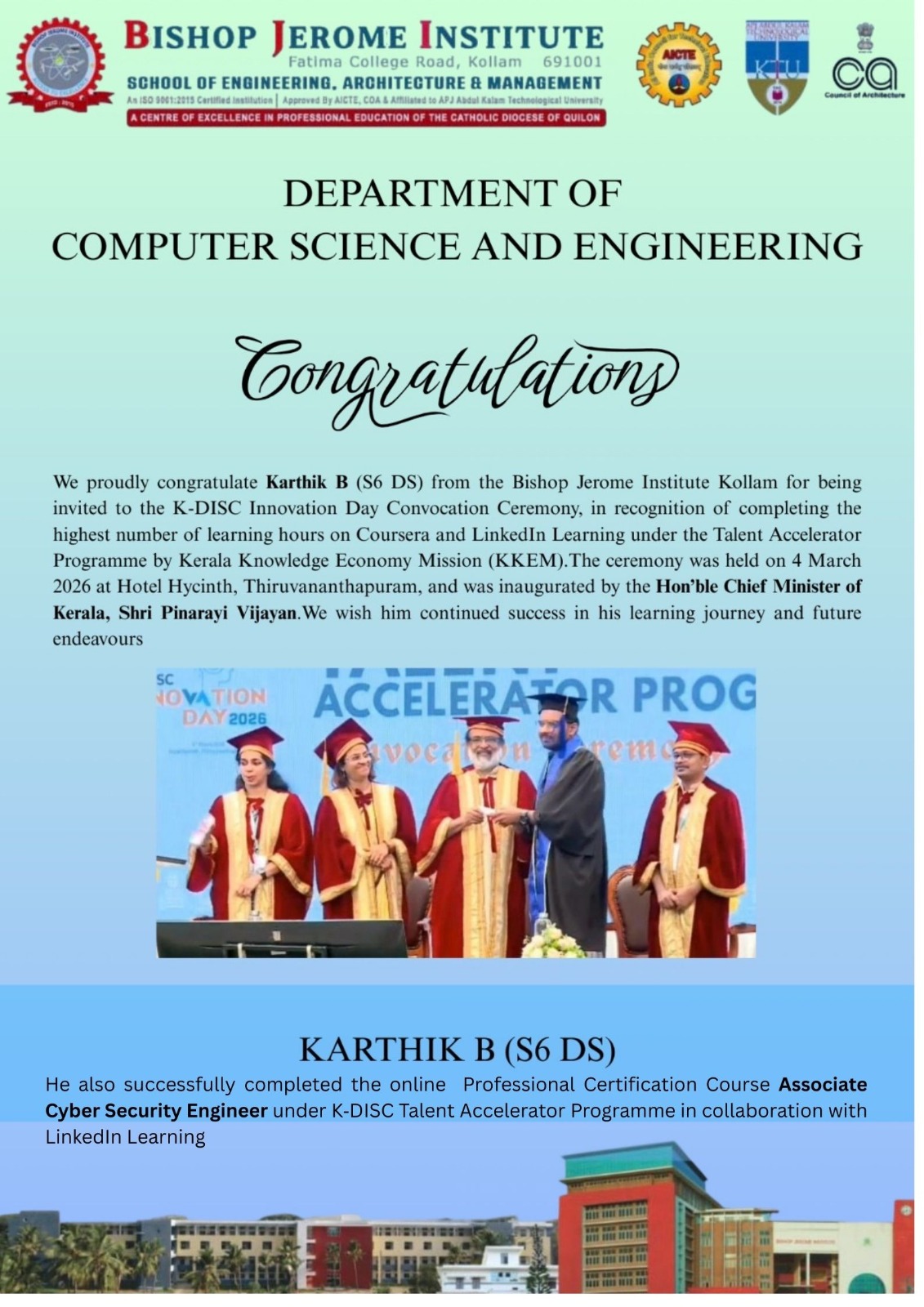 CSE Student Karthik B Honored at K-DISC Innovation Day Convocation