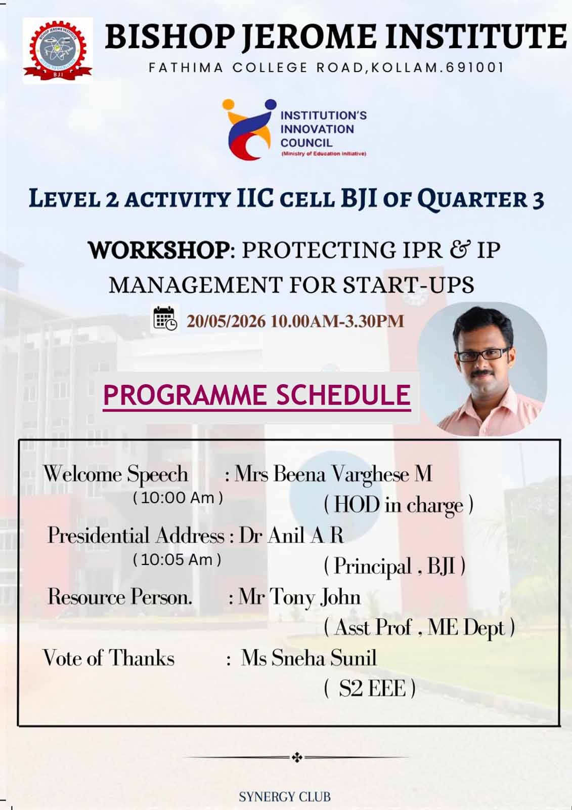 Workshop on Intellectual Property Rights (IPR) and IP Management for Start-ups to be Hosted at Bishop Jerome Institute