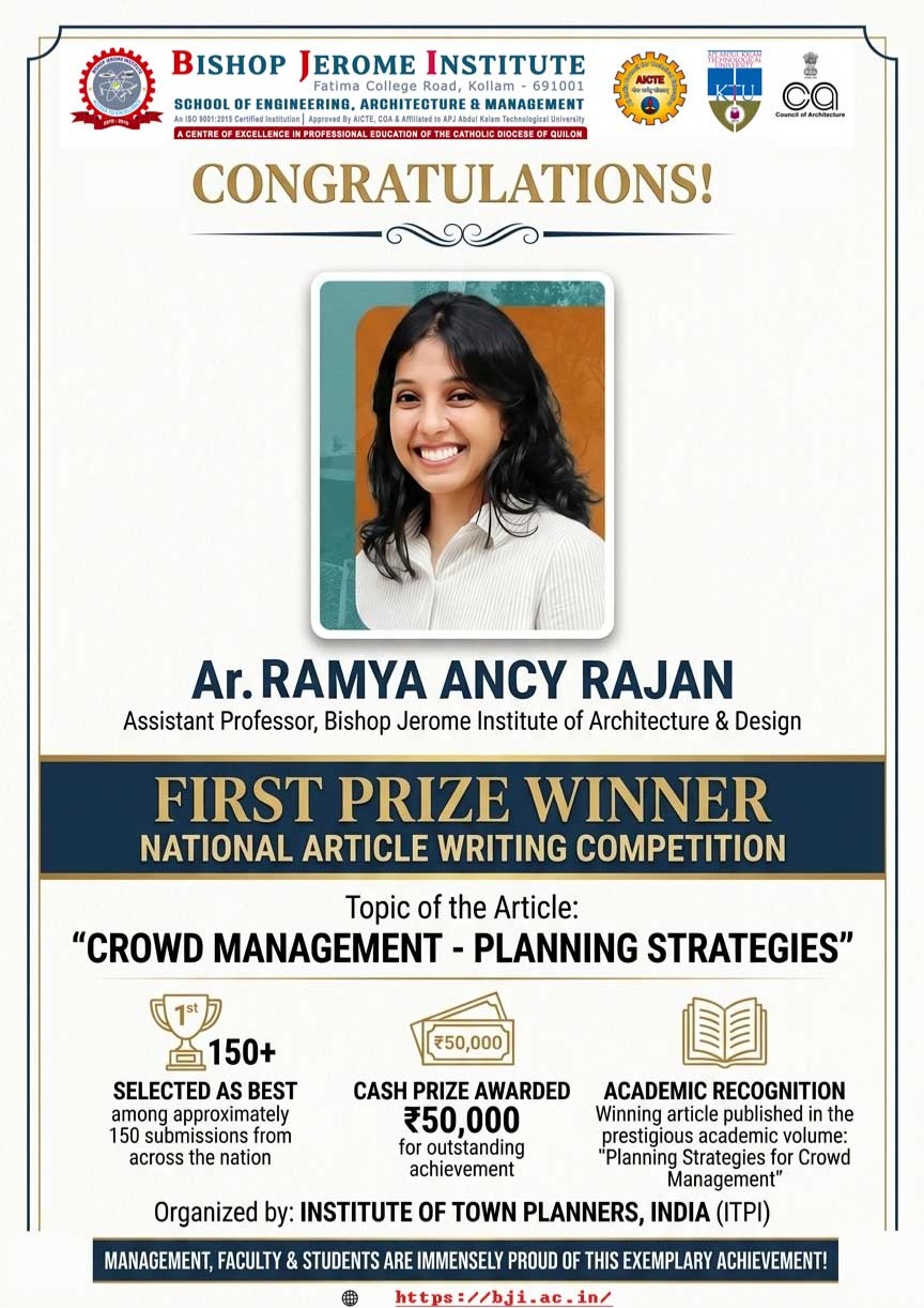 BJI Faculty Ar. Ramya Ancy Rajan Clinches First Prize in ITPI National Competition